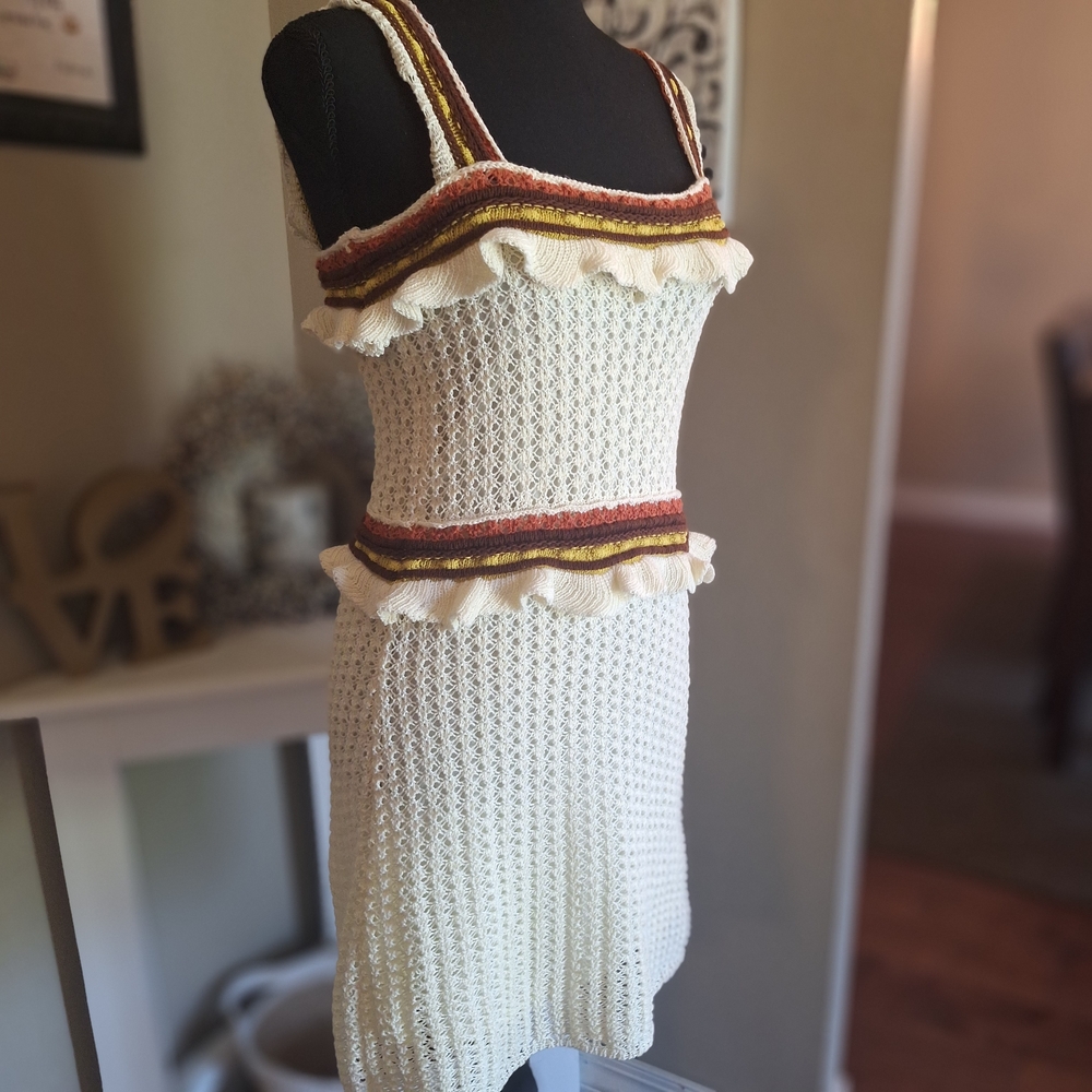 Line & Dot Cream Knit Crocheted Sundress Striped Ruffle Trim S